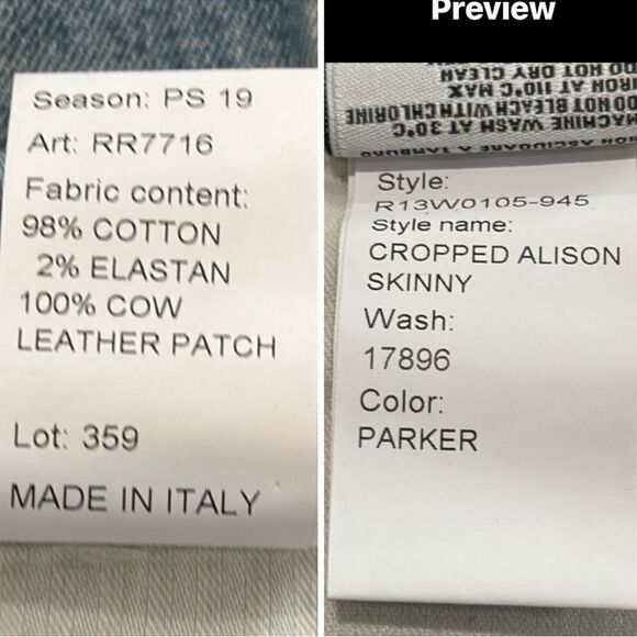 R13 Alison Skinny Cropped Jeans- Color Parker- Size 25 - Picture 13 of 16